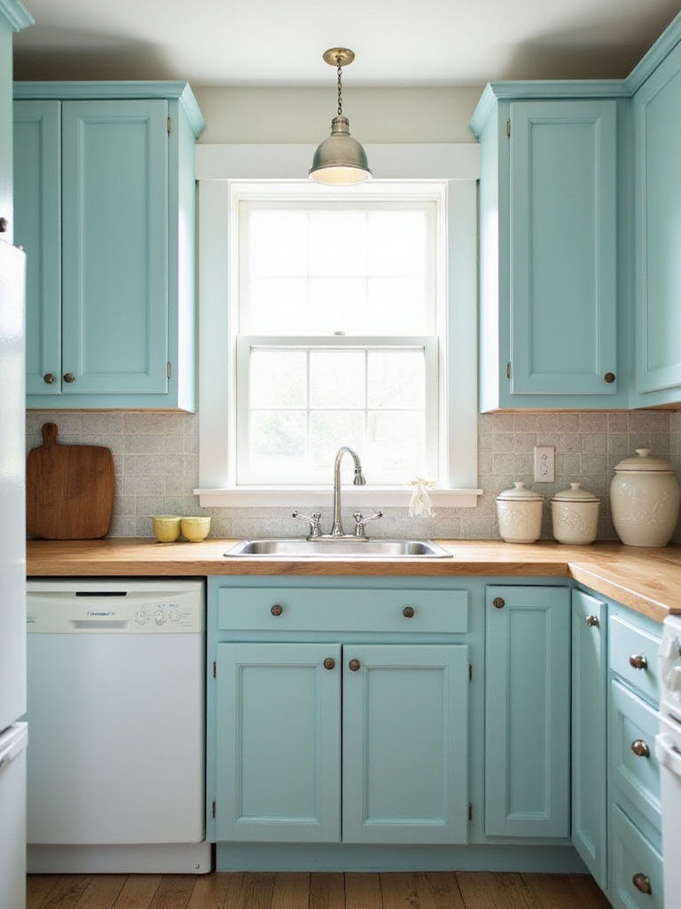 Cottage kitchen with soft blue pastel cabinets and butcher block countertops.