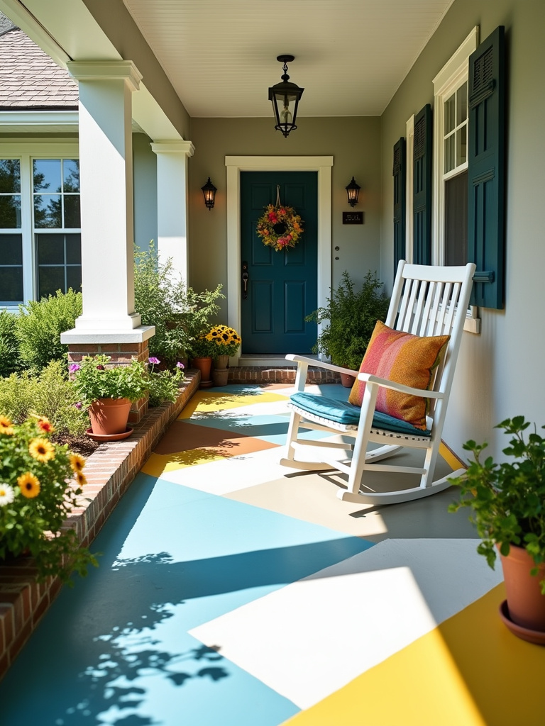 Painted porch floor with geometric pattern enhances curb appeal