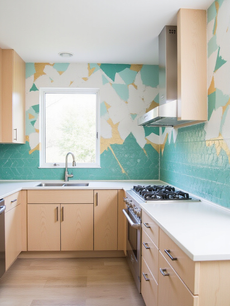 Modern kitchen with a custom painted geometric backsplash in teal, gold, and white.