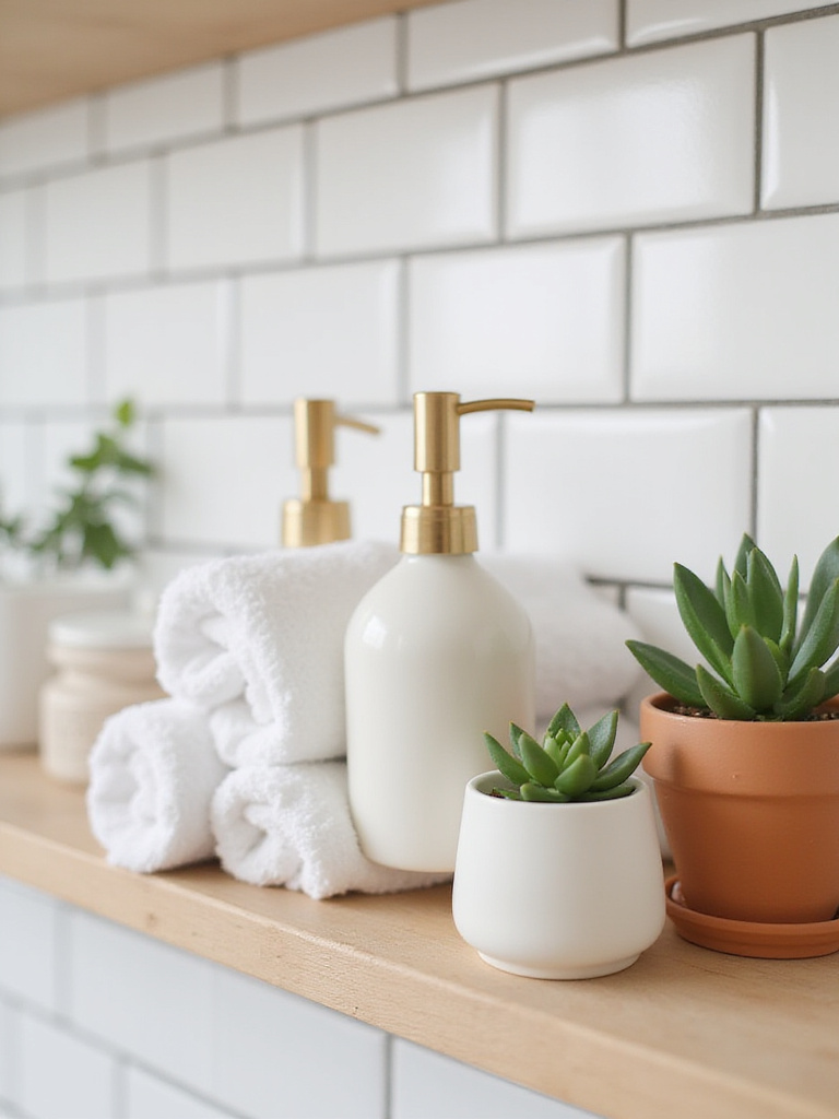 Coordinated soap and lotion set on a bathroom shelf with hand towels and a succulent.