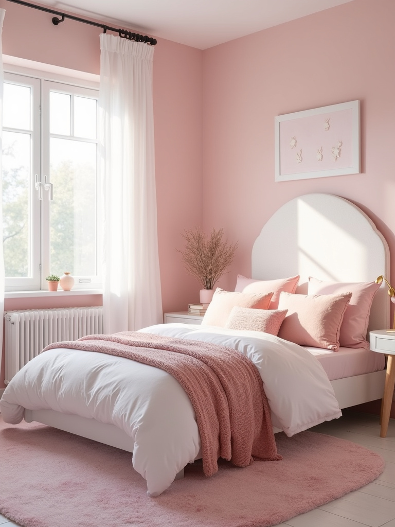 Pastel paradise teen bedroom with blush pink walls, soft textures, and dreamy lighting.