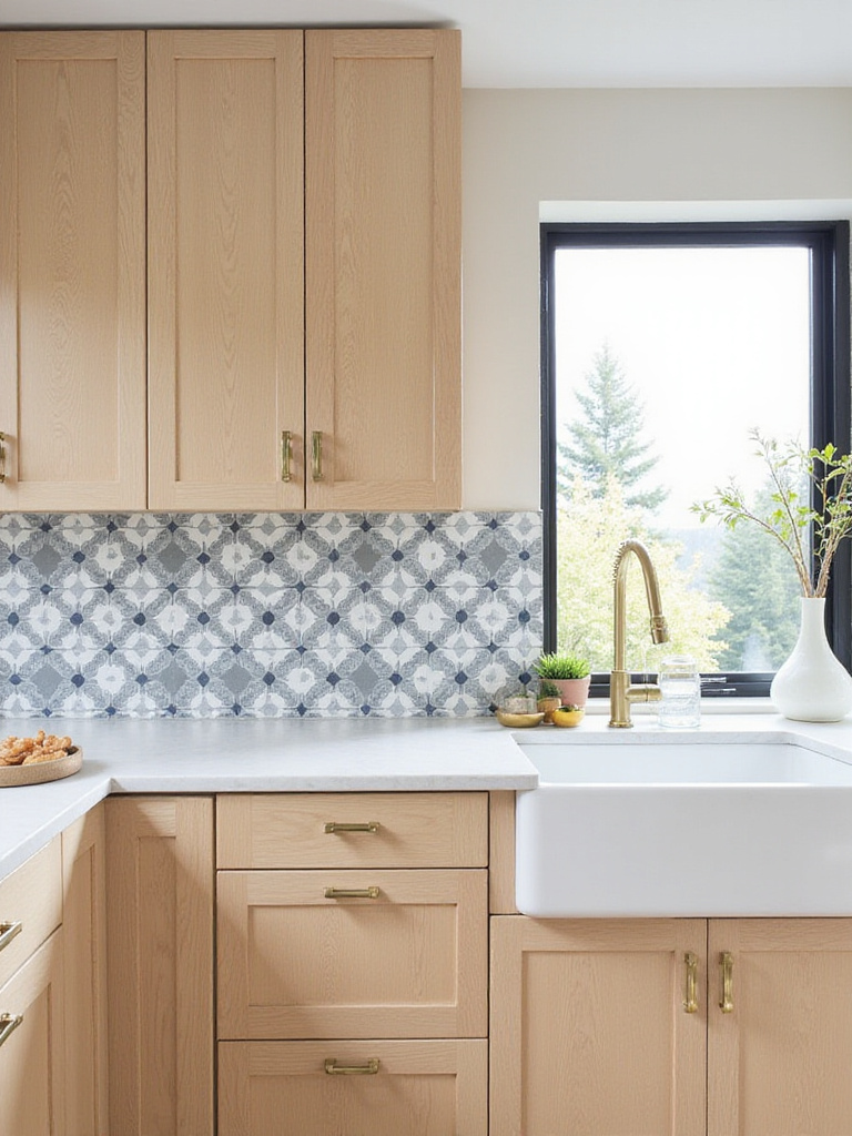 Modern kitchen backsplash featuring patterned encaustic cement tiles in a geometric design.