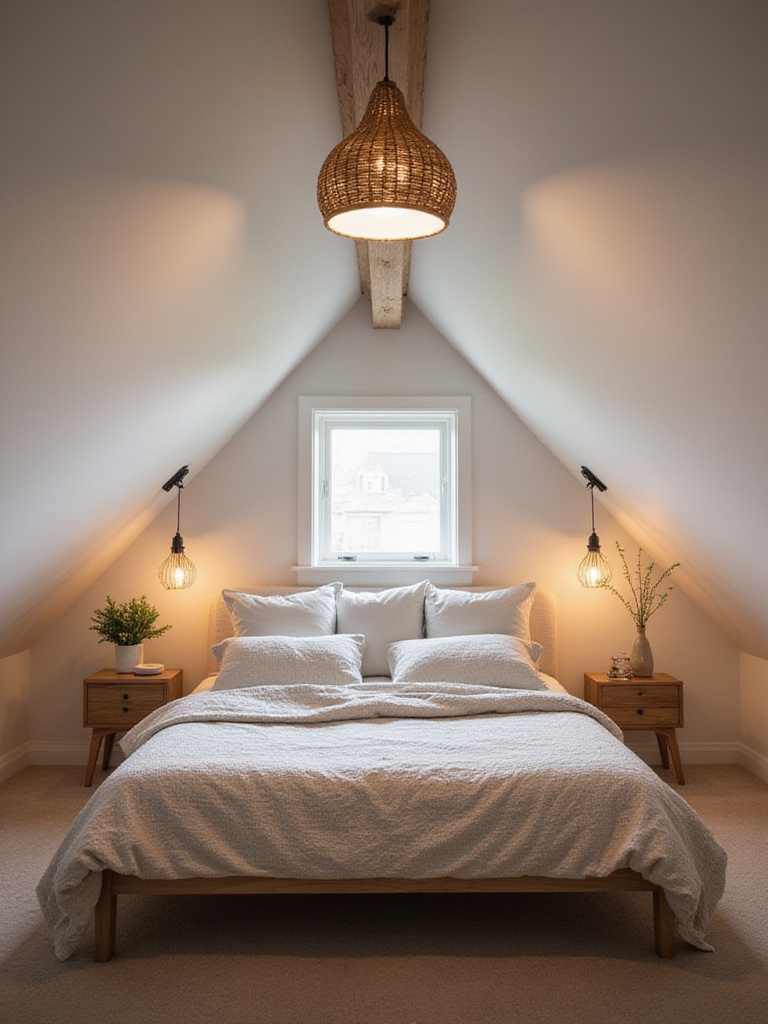 Attic bedroom with sloped ceilings and stylish pendant lights hanging above the bed.