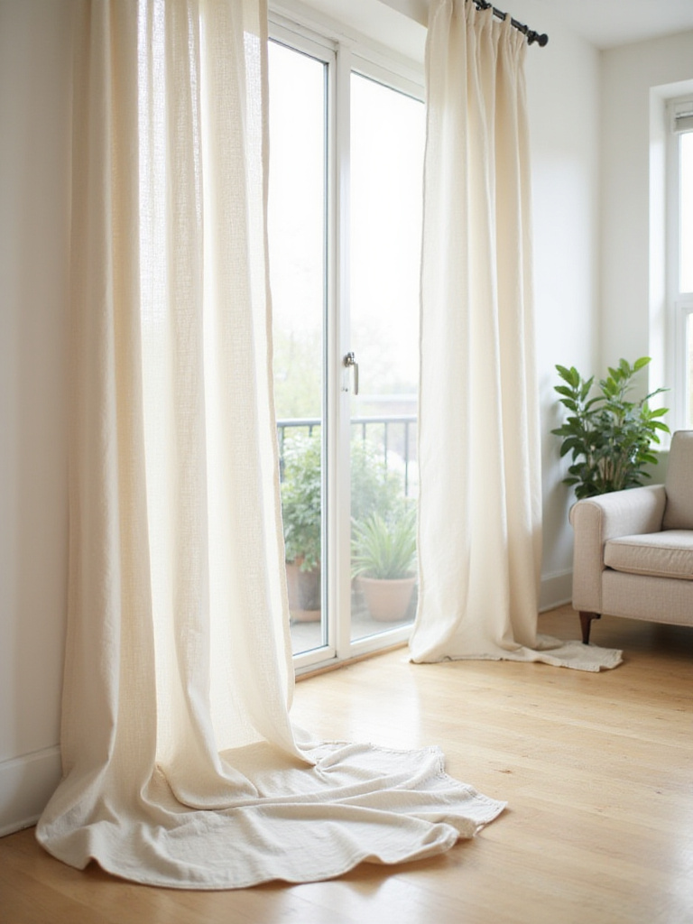Cream linen curtains puddled on a light hardwood floor in a bright, airy living room.