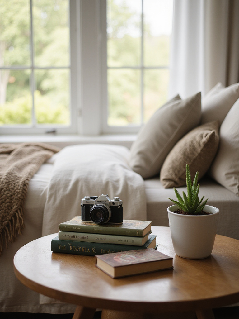Bedroom decor featuring personal touches: vintage camera, books, and succulent on a side table.