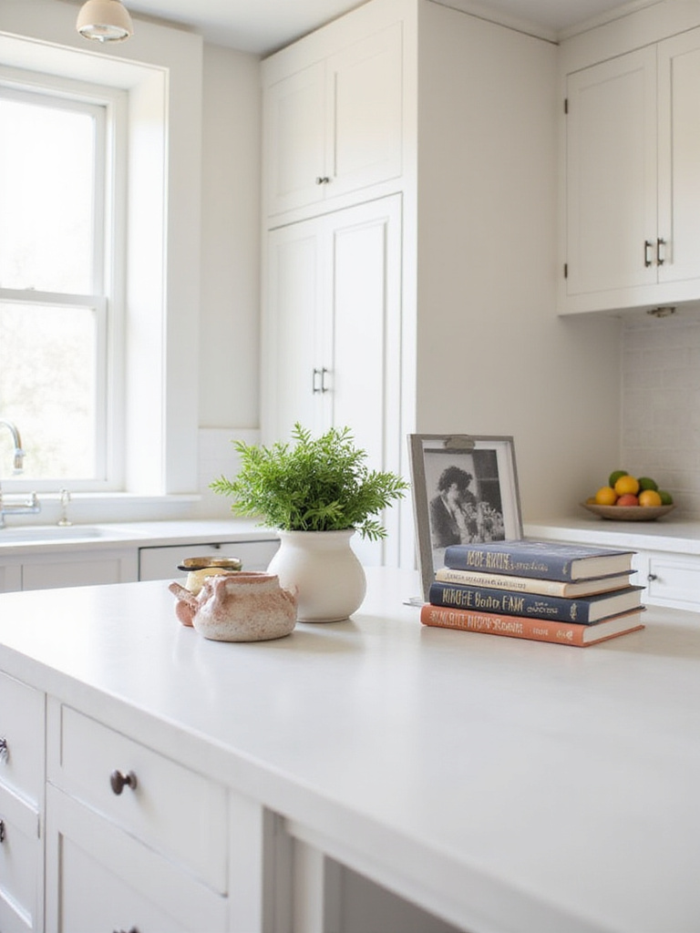 Kitchen island decorated with cookbooks, herbs, framed photo, and citrus fruits, creating a personalized and inviting space.