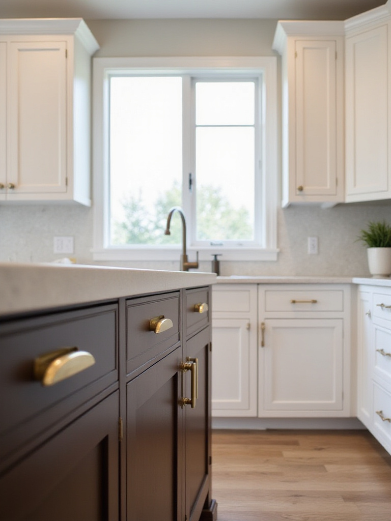 Contemporary kitchen island with brushed brass hardware on drawers and cabinets.