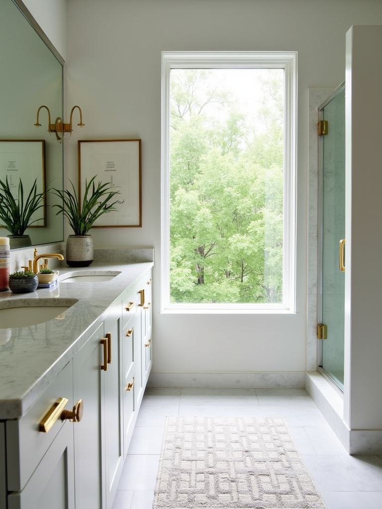 Personalized bathroom with marble vanity, gold hardware, and curated decorative items.