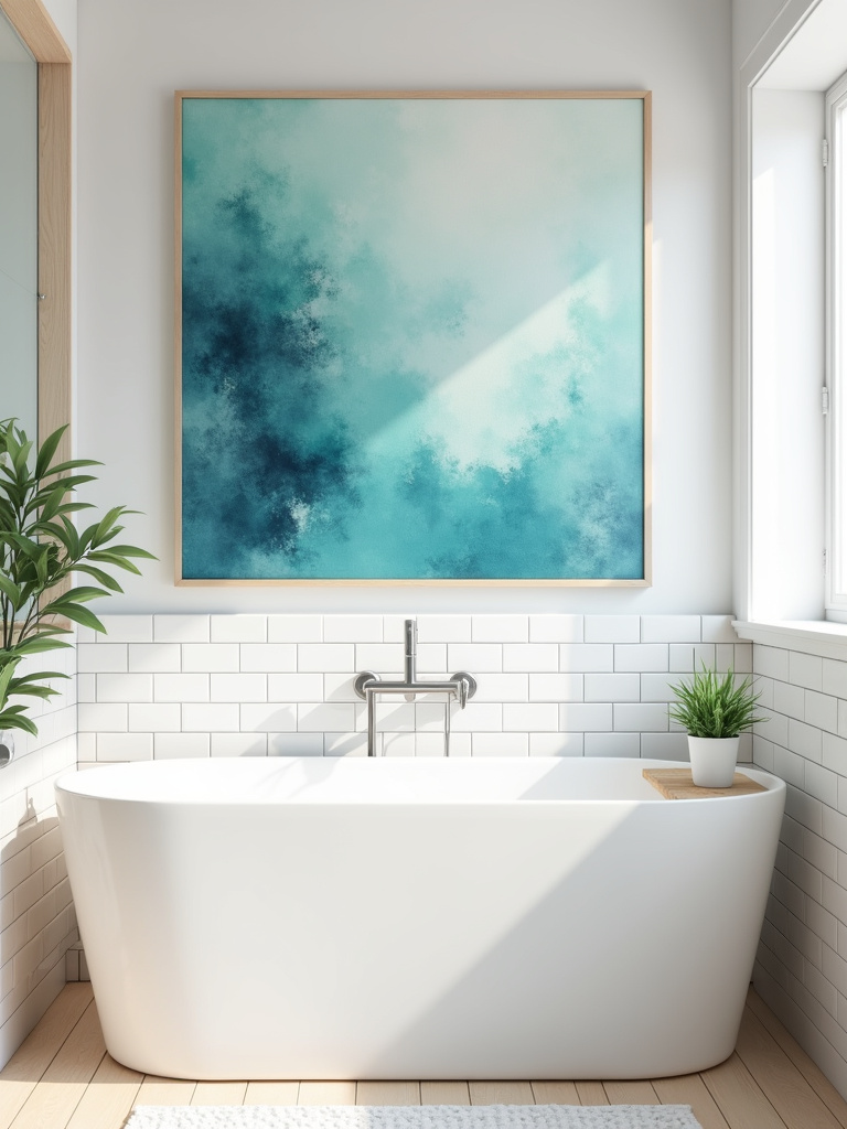 Modern bathroom with abstract blue and green canvas art above the bathtub.