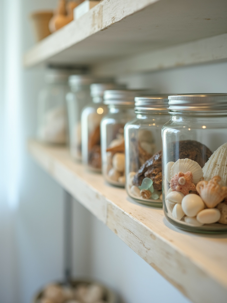 Personalized coastal bathroom decor with collected beach treasures displayed on a shelf, adding unique and sentimental touches.