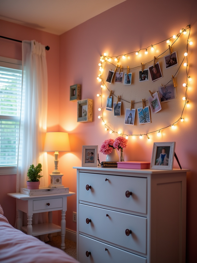 Teen bedroom with personalized DIY decor projects, including a photo display and painted dresser.