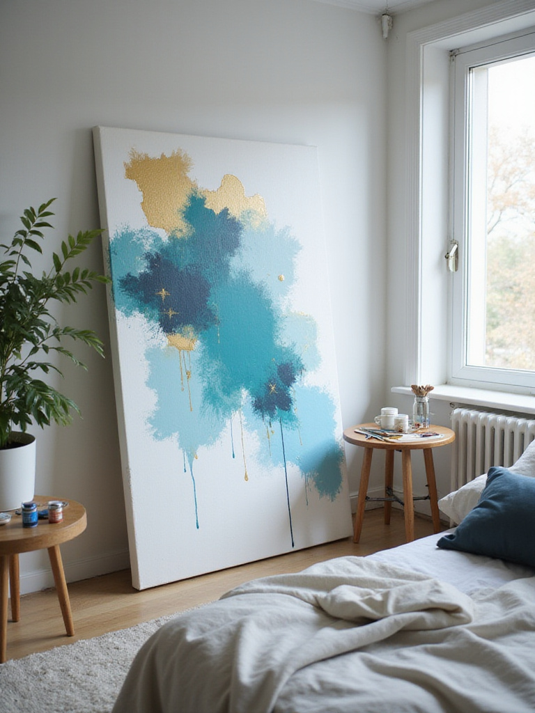 DIY abstract painting in a bedroom, showcasing a creative and personalized wall decor idea