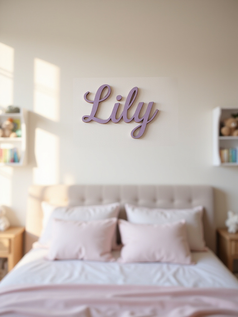 Girl's bedroom with a personalized 'Lily' name sign above the bed