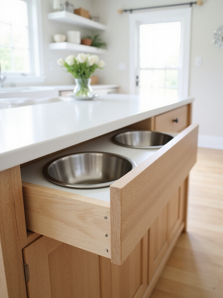Modern kitchen island with integrated pet feeding station featuring stainless steel bowls