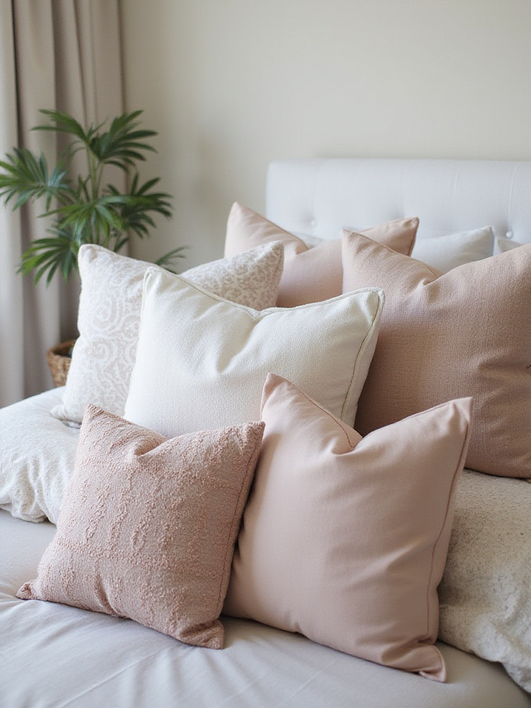 Stylishly arranged pillows on a bed in a cozy bedroom