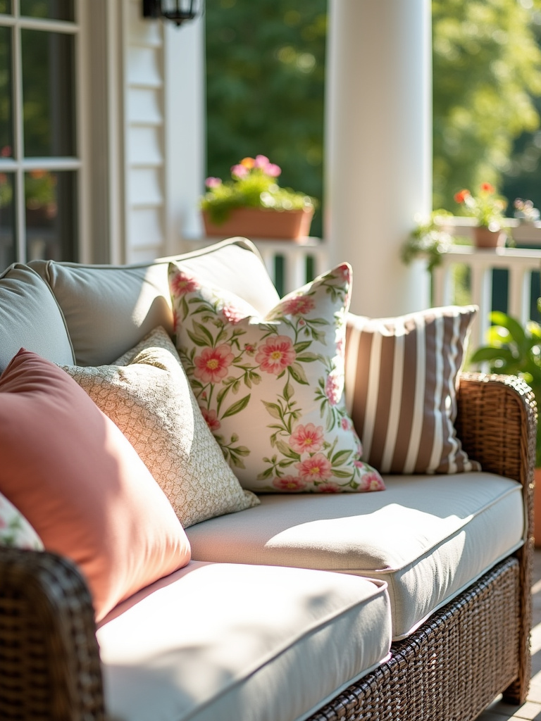 Outdoor porch seating with plush throw pillows in various colors and patterns, adding comfort and style.