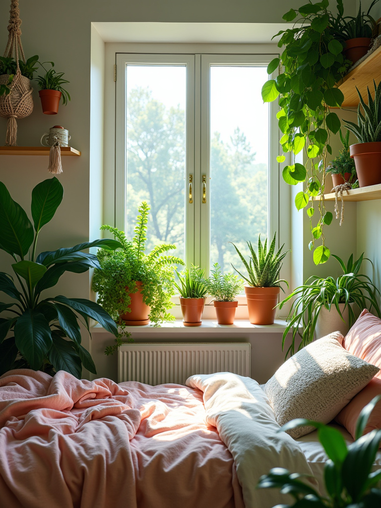 Plant-filled teen bedroom oasis with various indoor plants and natural light.