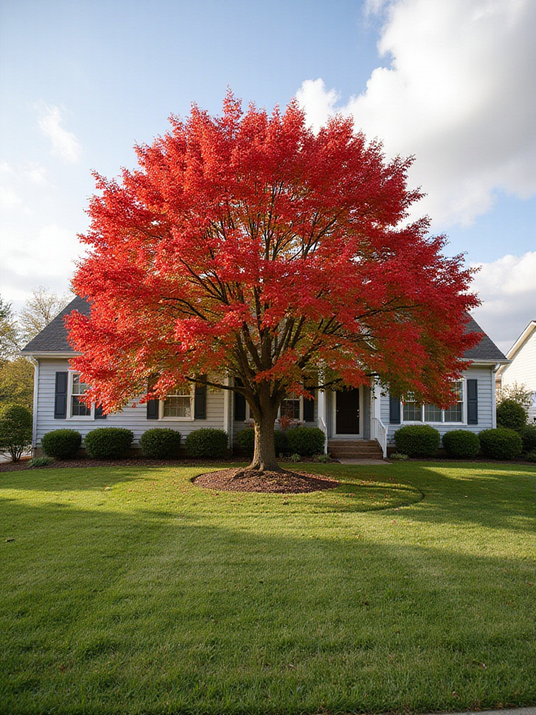 Front yard with a mature maple tree providing shade and architectural interest.