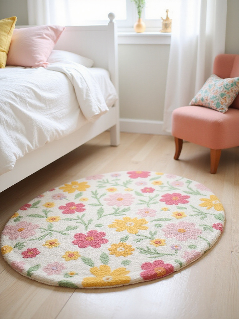 Girl's bedroom with floral patterned rug on hardwood floor