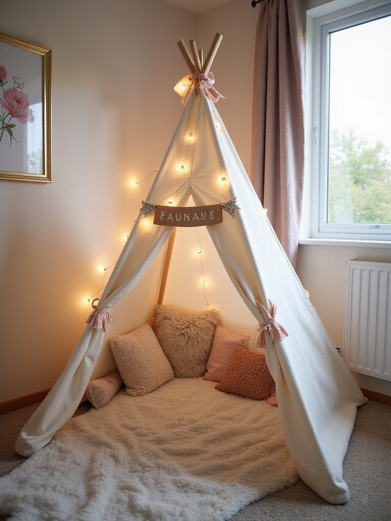 Girl's bedroom featuring a canvas teepee decorated with fairy lights and cushions, creating a cozy reading nook.