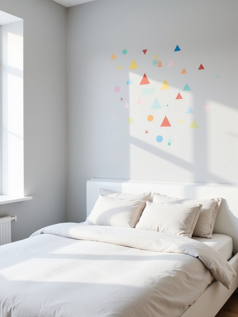 Bedroom wall decorated with colorful geometric wall decals.