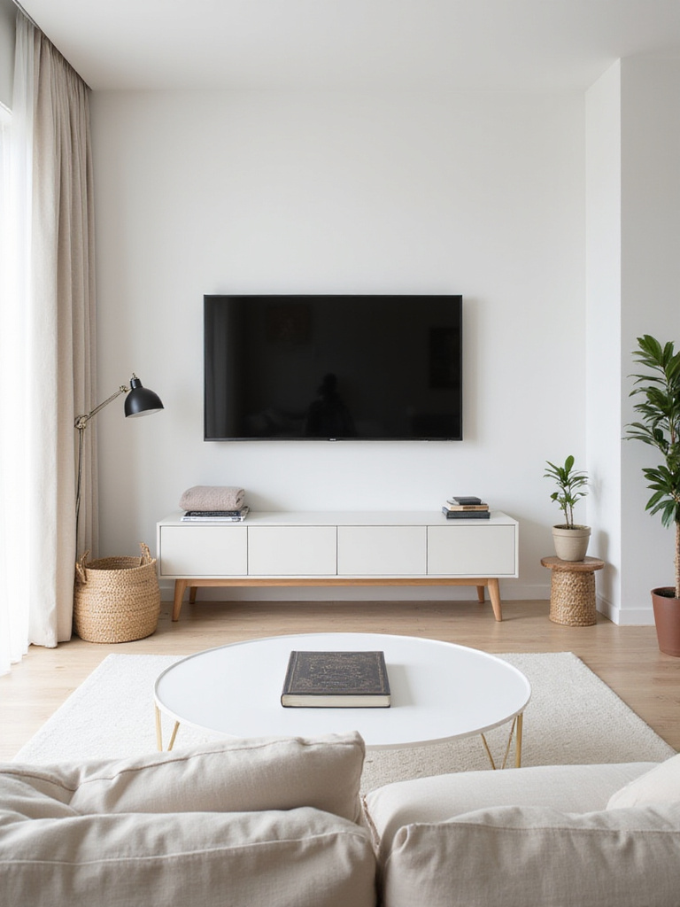 Minimalist living room with intentional item placement, showcasing a clutter-free and organized space.