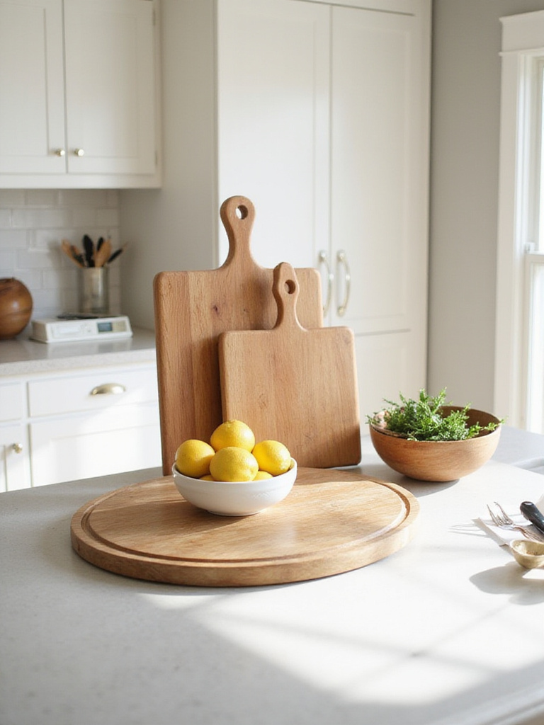 Kitchen island decorated with various wooden cutting boards, adding functionality and rustic charm.
