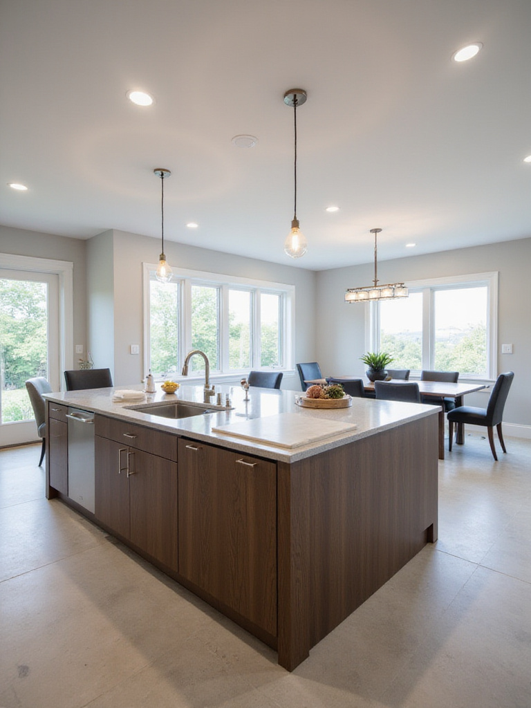 Modern kitchen island with dedicated prep zone including sink and cutting board.