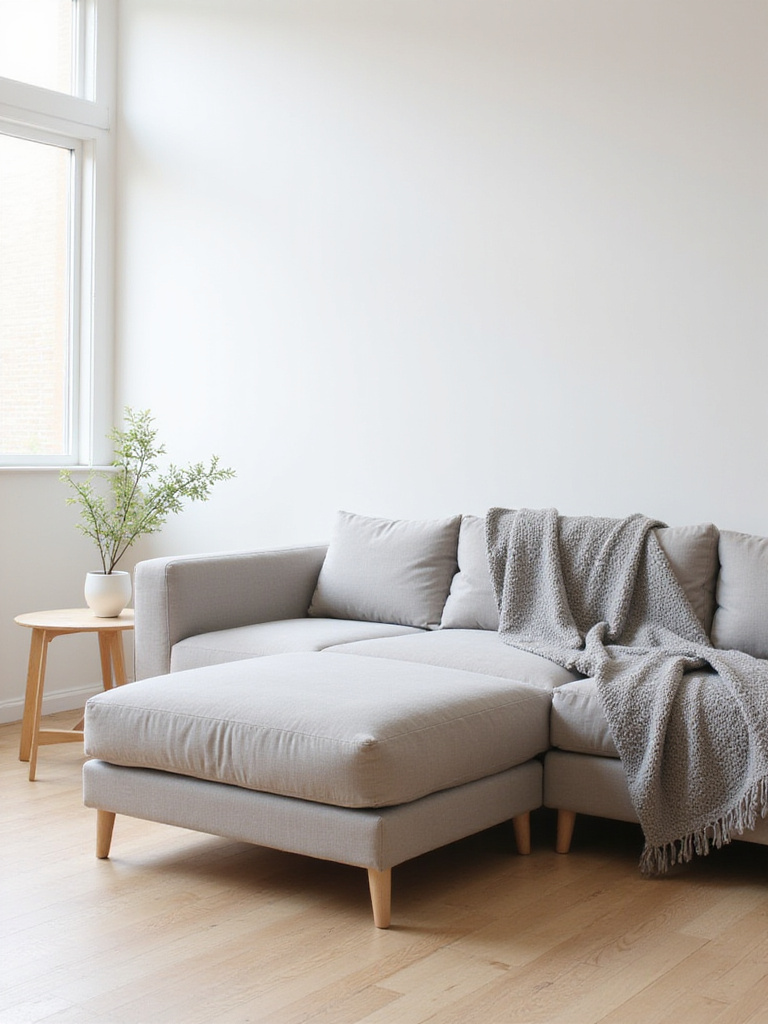 Minimalist living room featuring a comfortable light grey modular sofa with natural light and a simple side table.