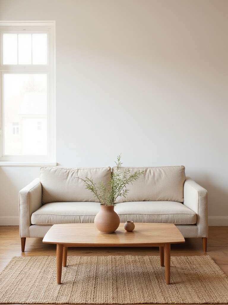 Minimalist living room featuring a high-quality sofa, solid wood coffee table, and natural fiber rug, emphasizing quality over quantity.