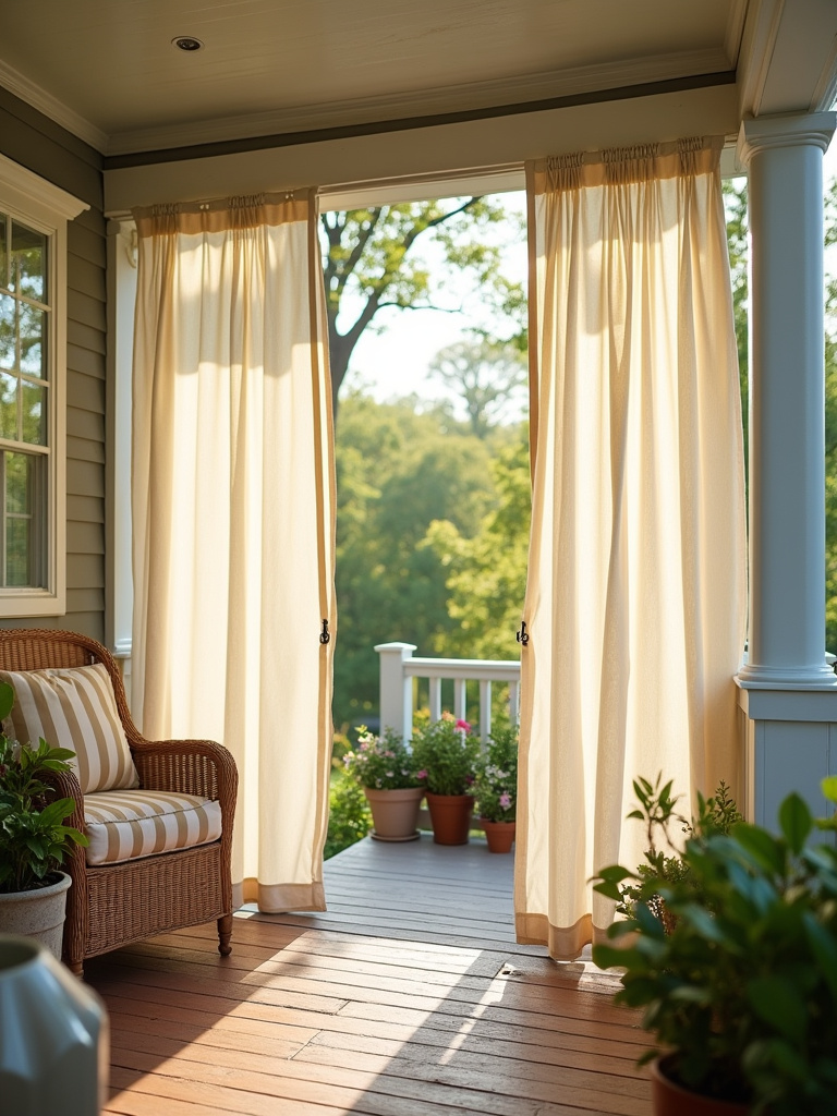 Stylish outdoor curtains providing shade and privacy on a welcoming porch.