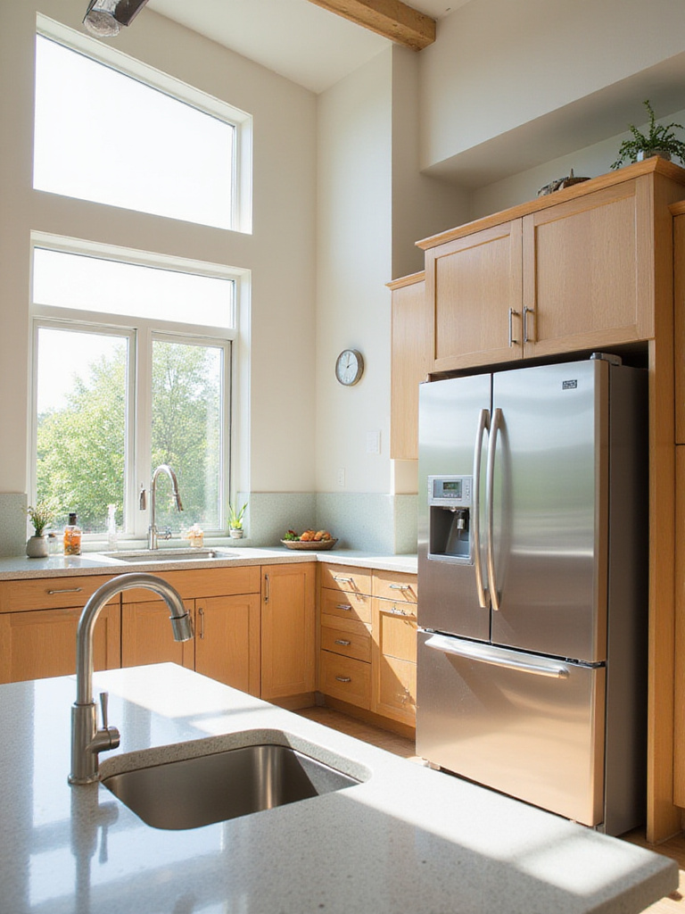 Eco-friendly kitchen design featuring recycled materials, energy-efficient appliances, and natural light, designed with LEED principles.