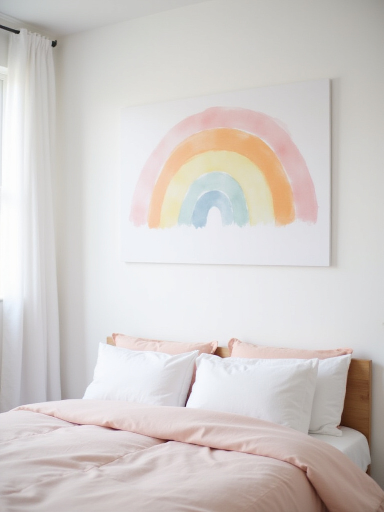 Pastel rainbow watercolor wall art hanging above a bed in a girl's bedroom