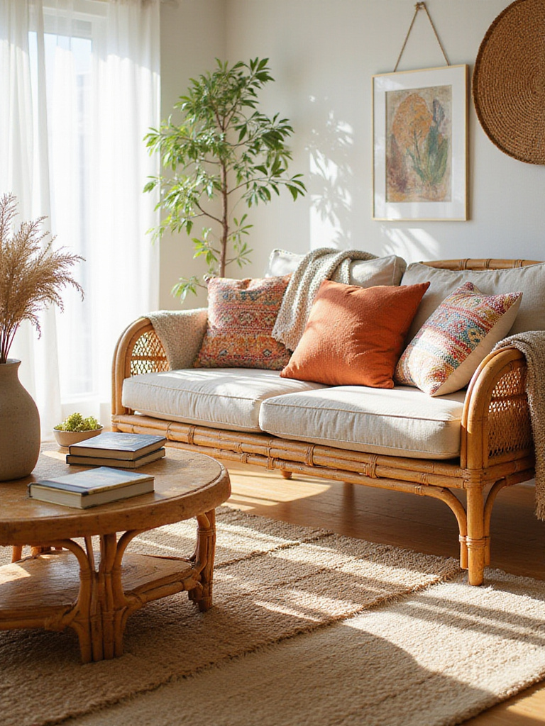 Boho living room with rattan armchair and coffee table