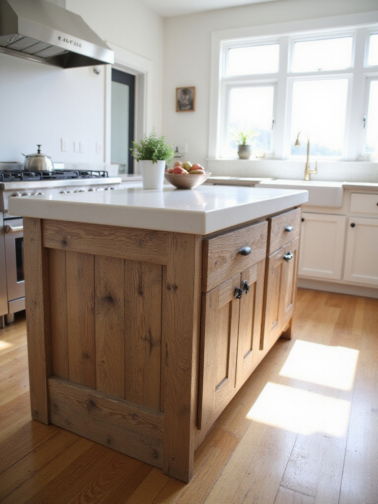 Reclaimed wood kitchen island with white quartz countertop in a modern farmhouse kitchen