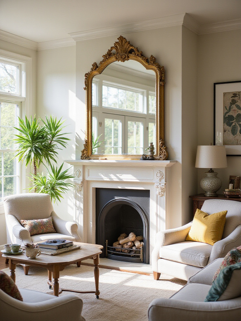 Living room with a large mirror above the fireplace reflecting light and greenery.