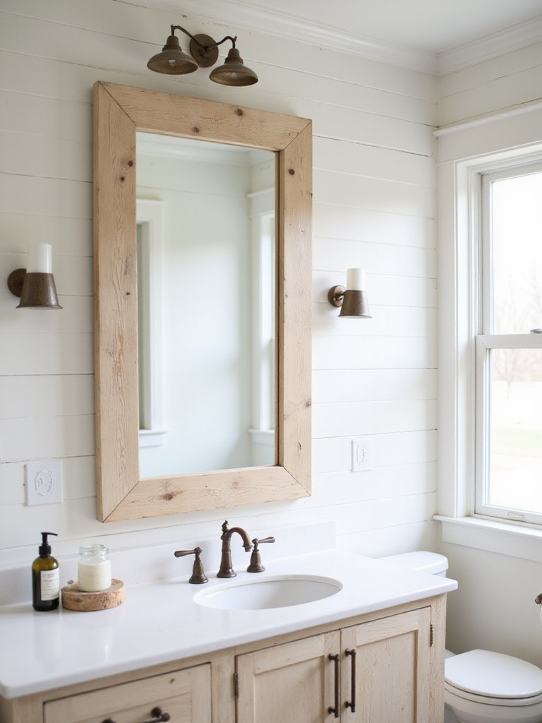 Farmhouse bathroom with distressed wood framed mirror above white vanity.