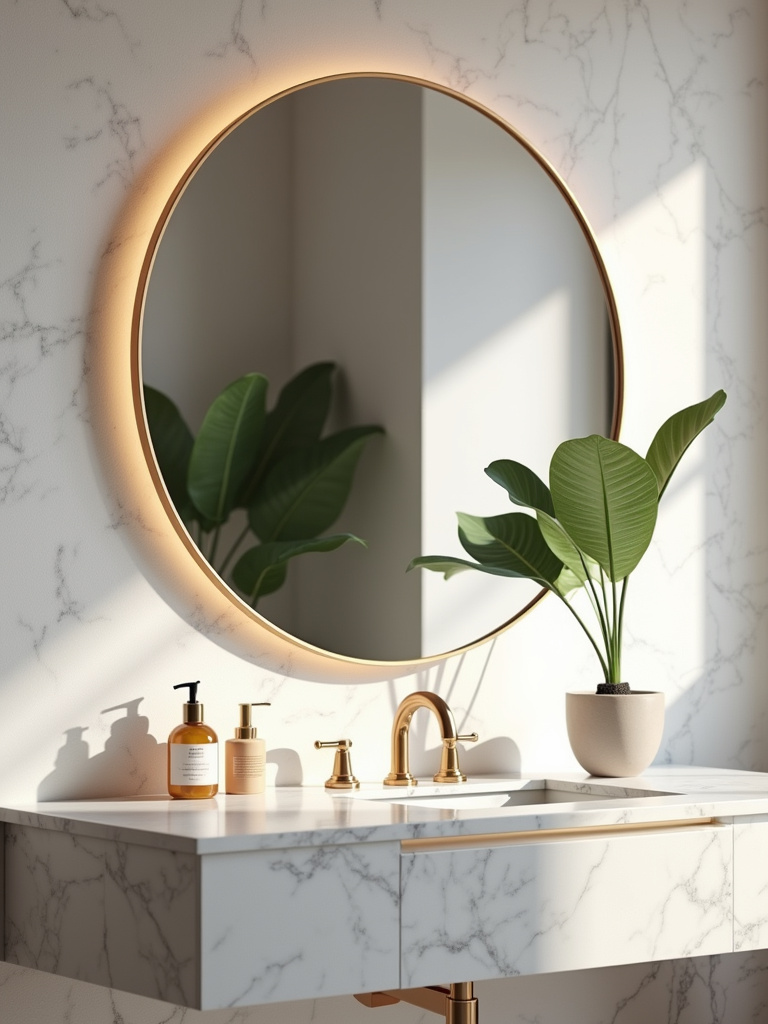 Modern bathroom with a large round gold-framed statement mirror above a marble vanity.