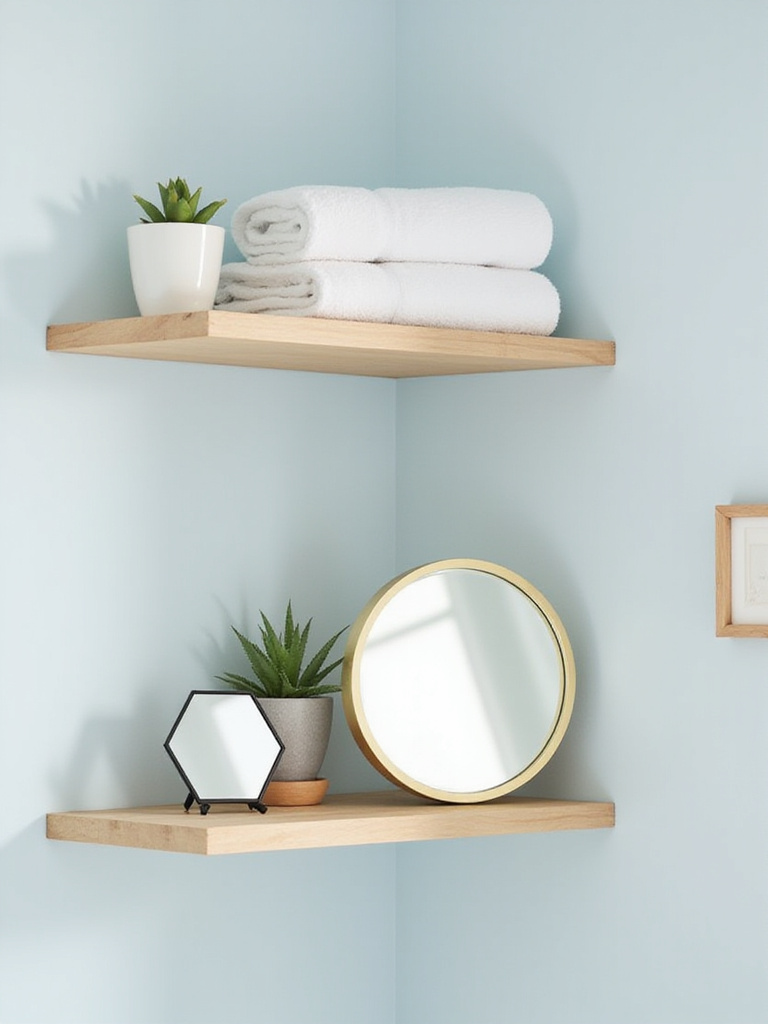 Bathroom shelf decor featuring a gold round mirror and a black hexagonal mirror.