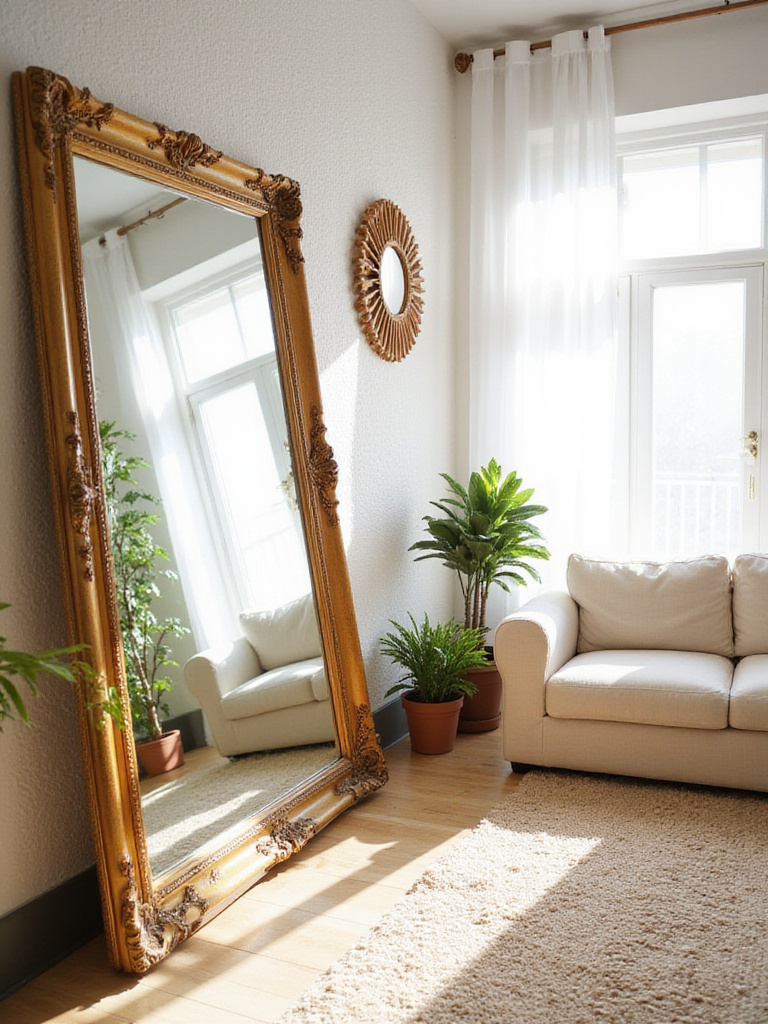 Boho living room with large ornate mirror leaning against the wall, reflecting light and space
