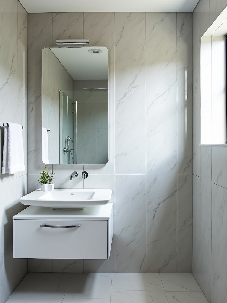 Small bathroom with glossy tiles and chrome fixtures reflecting light, creating a sense of spaciousness.