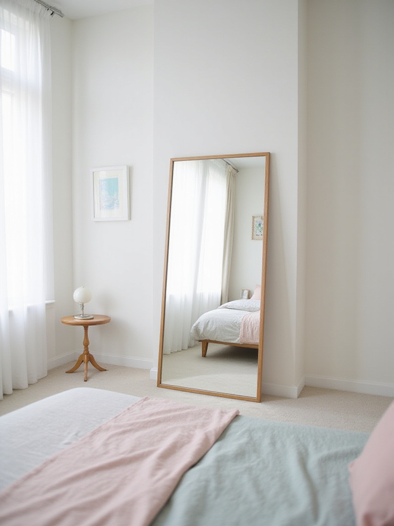 Modern bedroom with a large mirror reflecting light and space