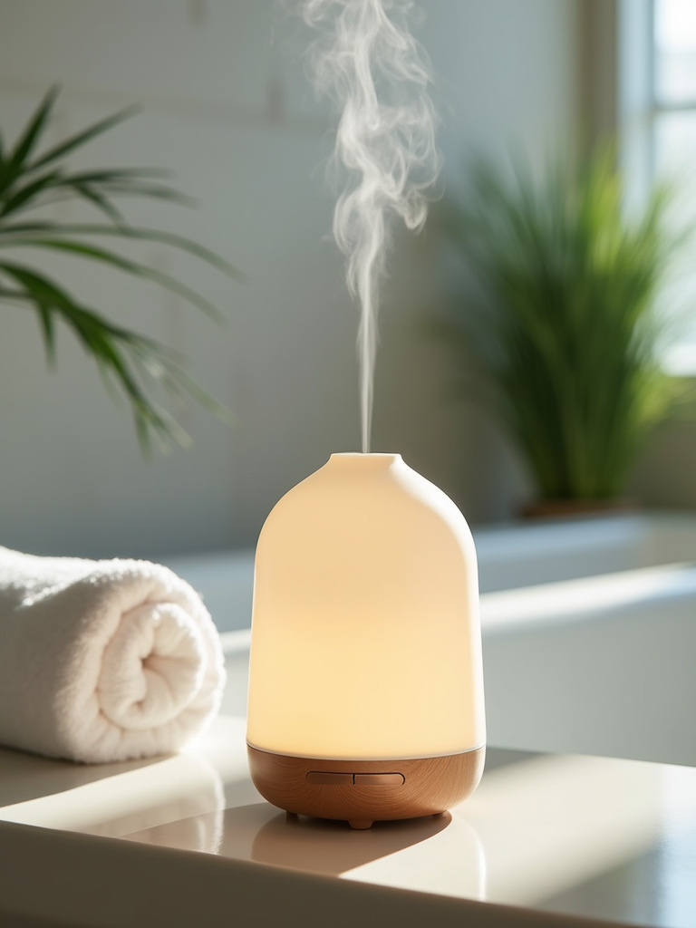 Aromatherapy diffuser emitting calming mist in a spa-like bathroom