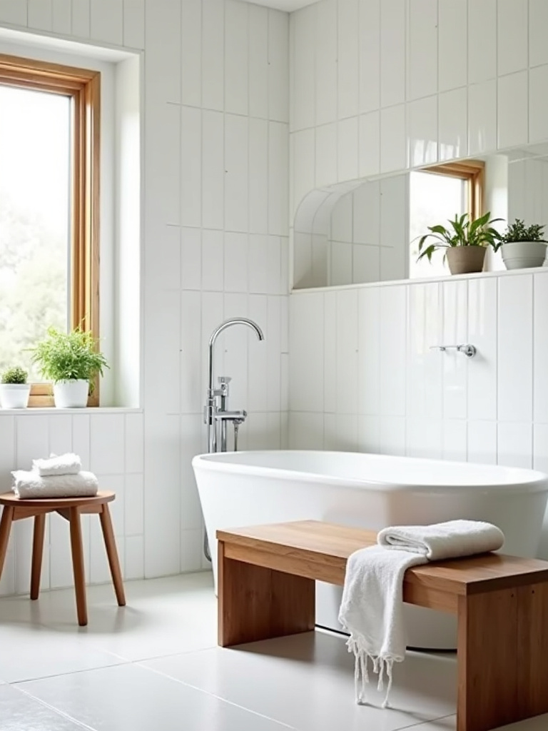 Teak wood bench in a modern bathroom, creating a relaxing spa-like atmosphere.