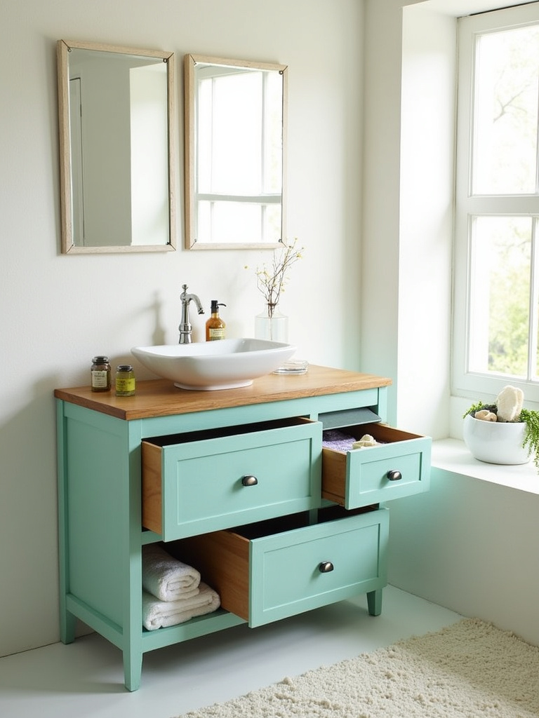 Repurposed vintage dresser as a bathroom vanity with vessel sink and organized drawer storage.