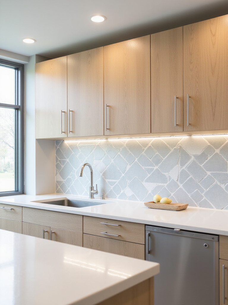 Modern kitchen backsplash with geometric light gray and white ceramic tiles.