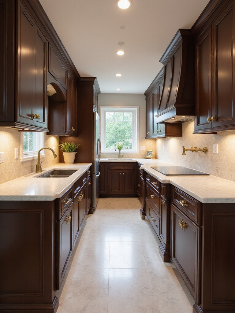 Luxurious kitchen with rich chocolate brown cabinets and light marble countertops