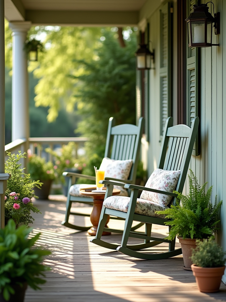 Sage green rocking chairs with floral cushions on a welcoming front porch.