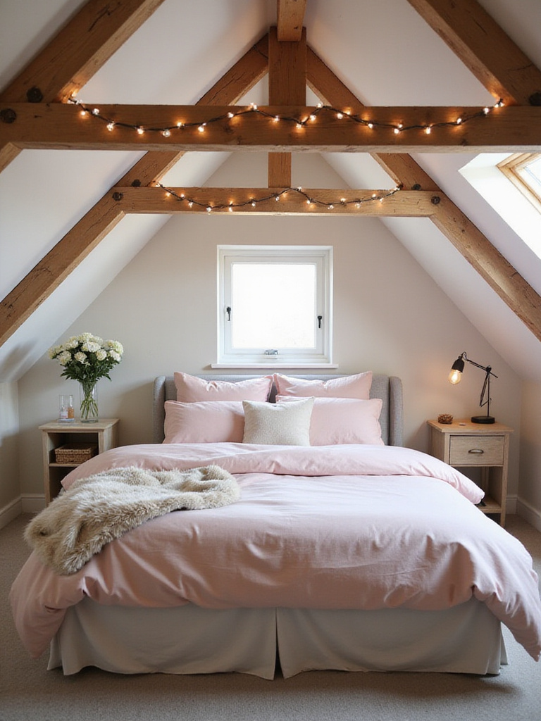 Romantic attic bedroom with soft lighting and blush pink linens.