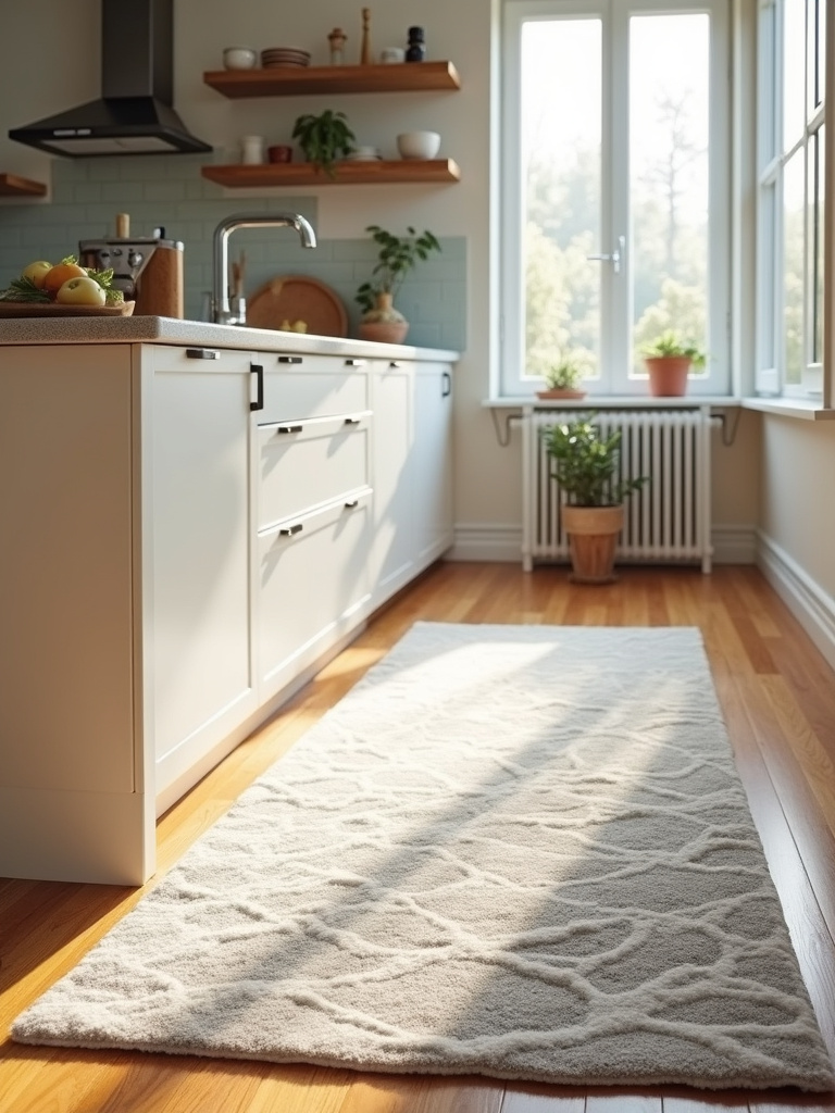 Apartment kitchen with a geometric patterned area rug defining the cooking space.